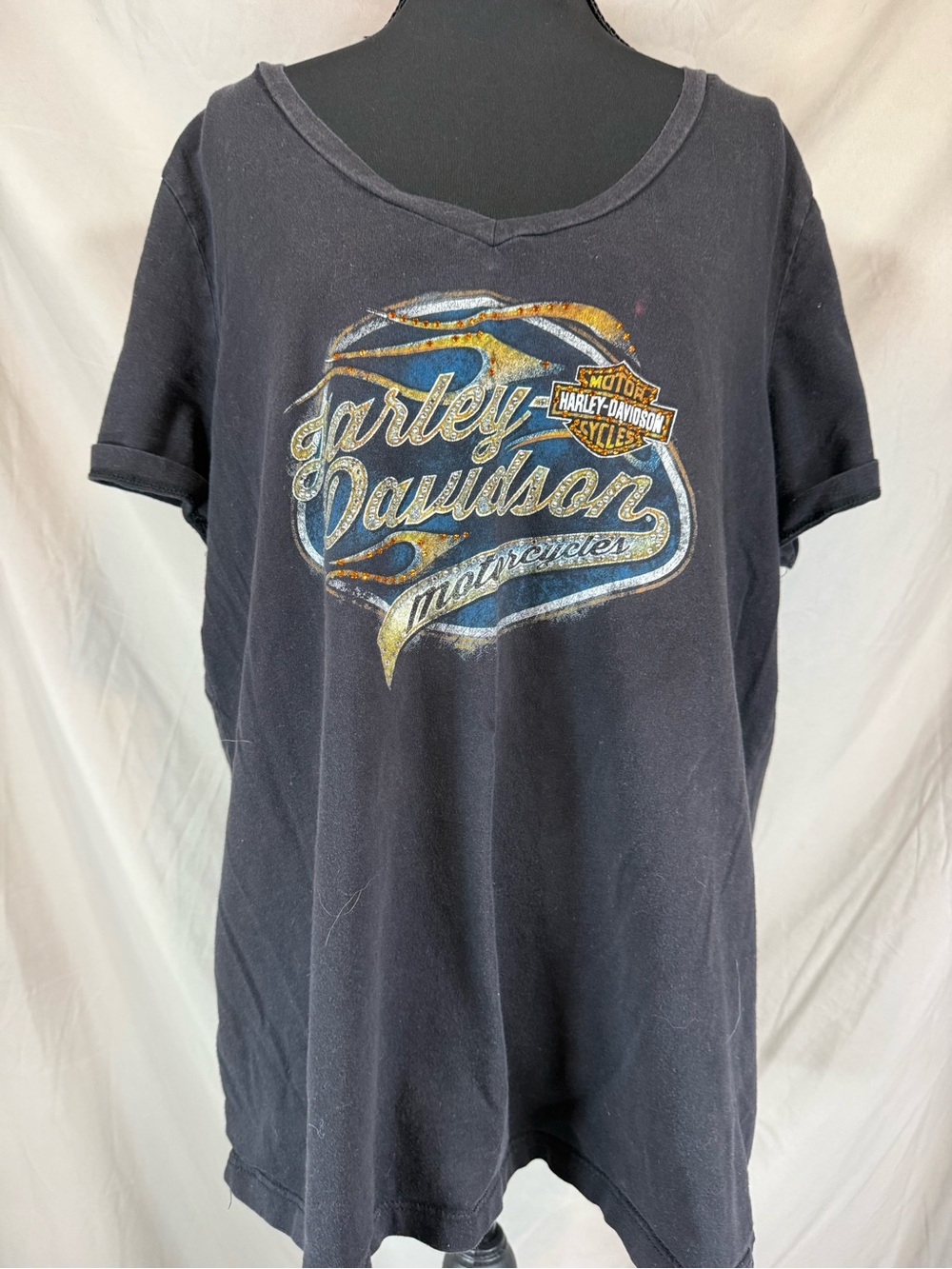 Vintage Y2K Harley-Davidson Motor Sport Rhinestone V-Neck Custom Tee- Size 1X